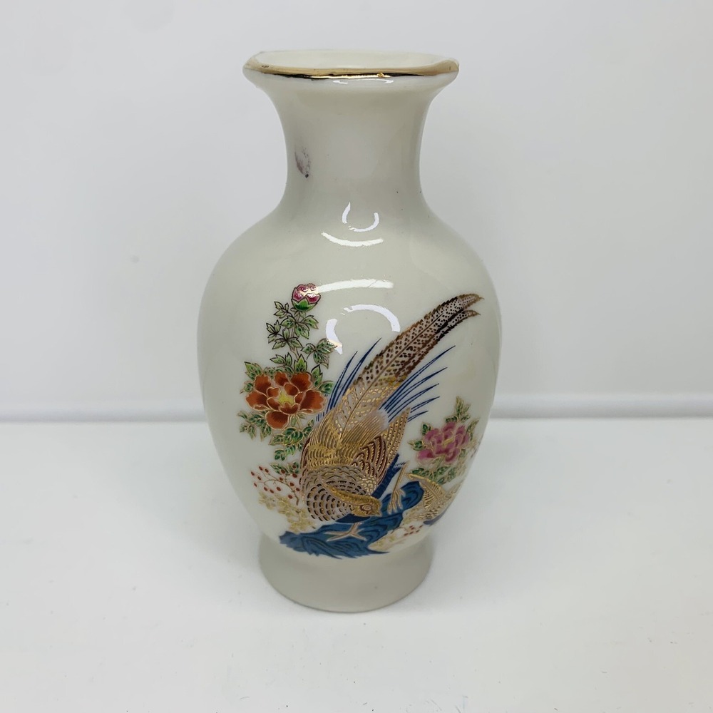 Vintage Miniature White Miyako Japan Vase With A Pheasants And Flowers